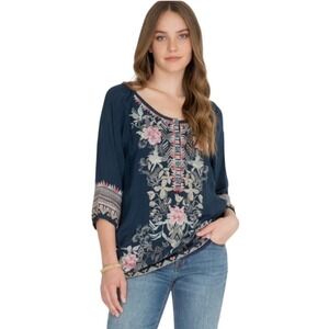 Johnny Was Mari Blouse Navy Blue Floral Embroidered 3/4 Sleeve Bohemian Top Sz S